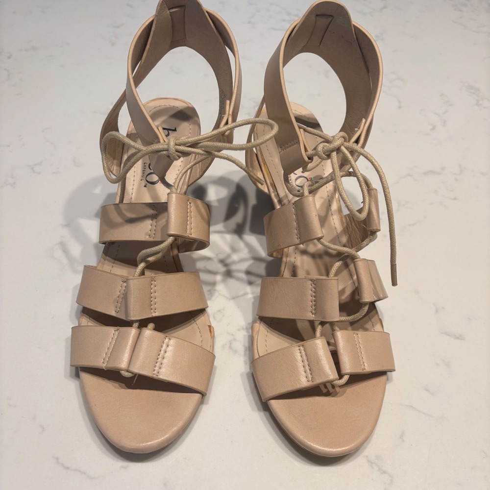 Bucco Capensis Oakies Nude Beige Strappy Lace Up Wedge Sandals Womens Size 7.5